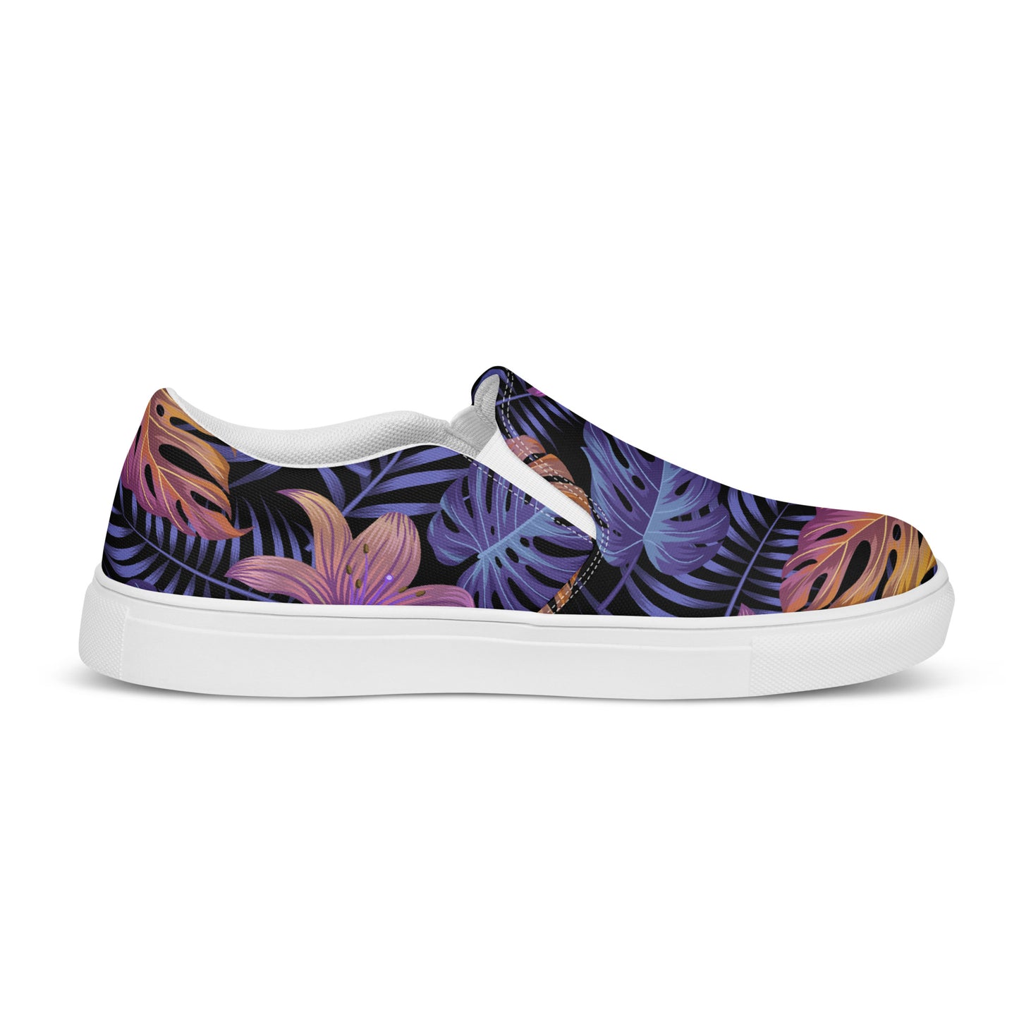 WildSage Market Slip-on Floral Print Canvas Shoes featuring vibrant tropical designs in purple and orange