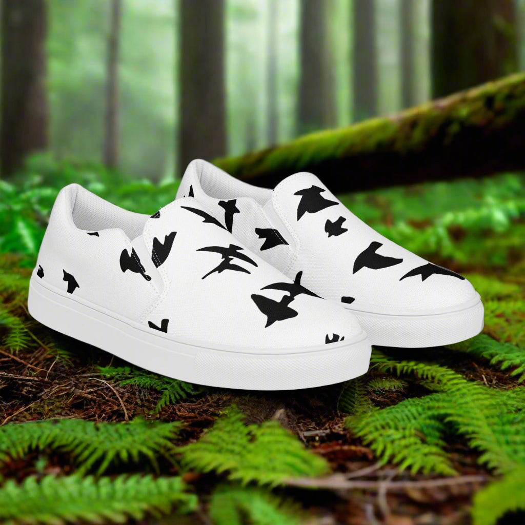 WildSage Market white slip on shoes blackbirds pattern with black bird silhouettes on forest floor