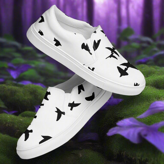 WildSage Market slip on shoes blackbirds pattern with white base and black bird silhouettes