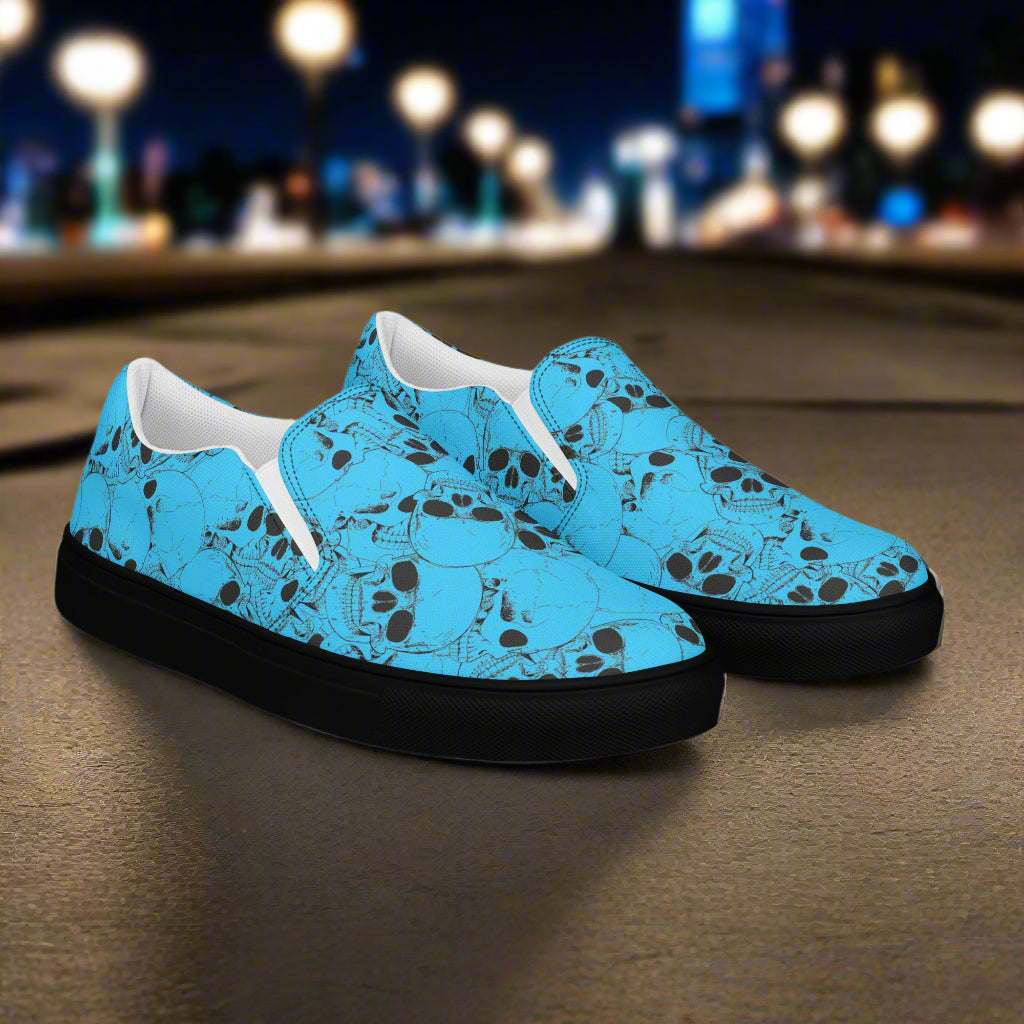 WildSage Market blue slip on skull pattern shoes with black sole and comfortable design