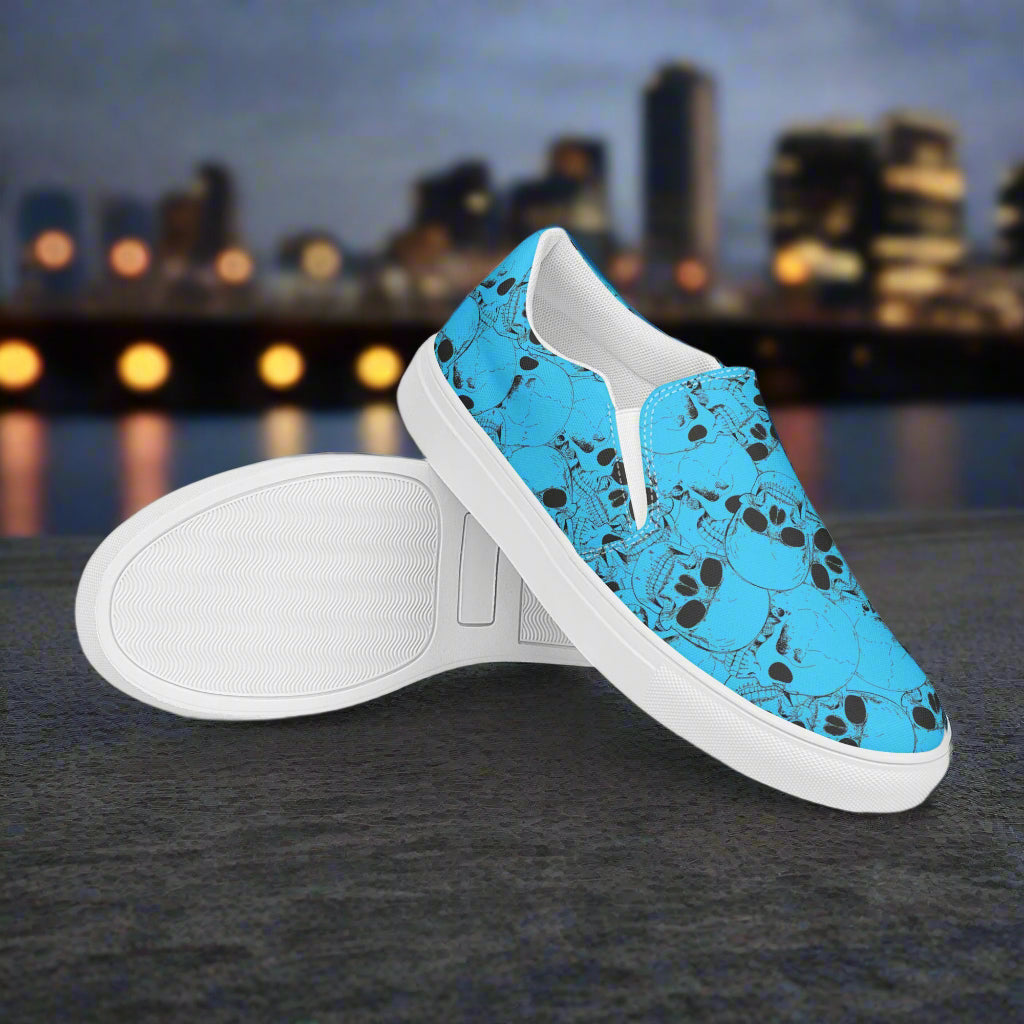 WildSage Market slip on shoes with blue slip on skull pattern and white soles for casual wear