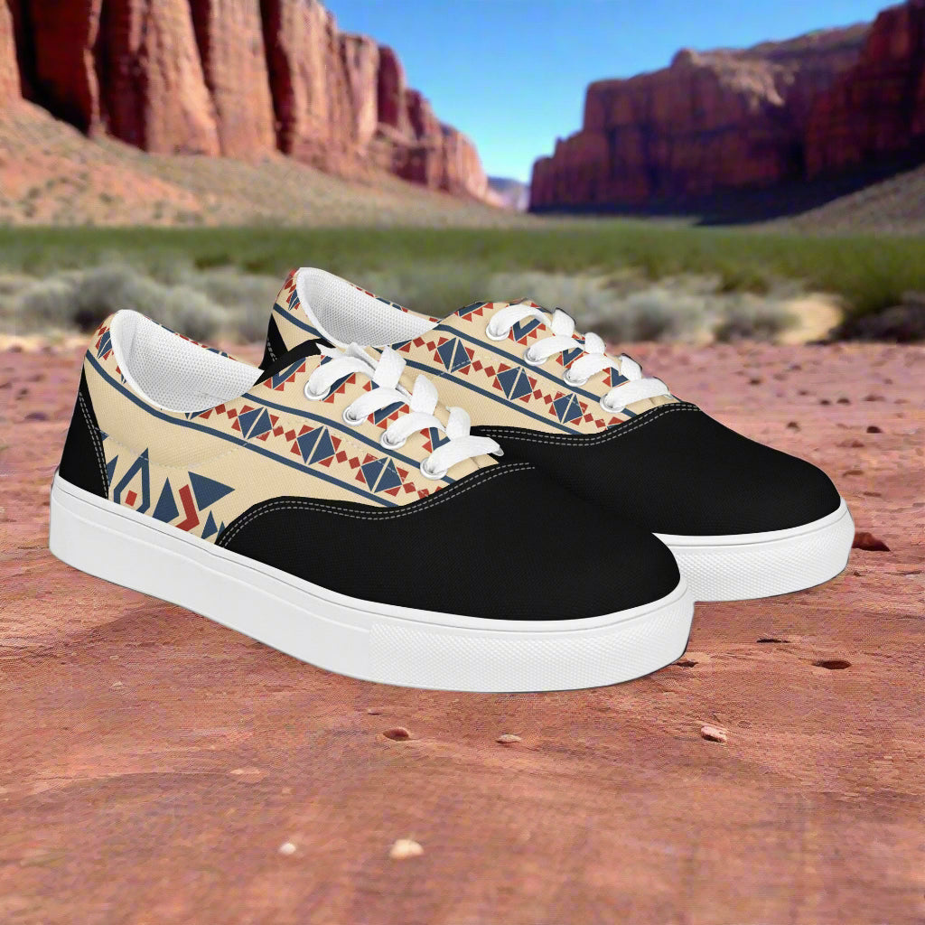 Custom Lace-up Canvas Shoes by WildSage Market black toe beige southwestern geometric pattern white sole