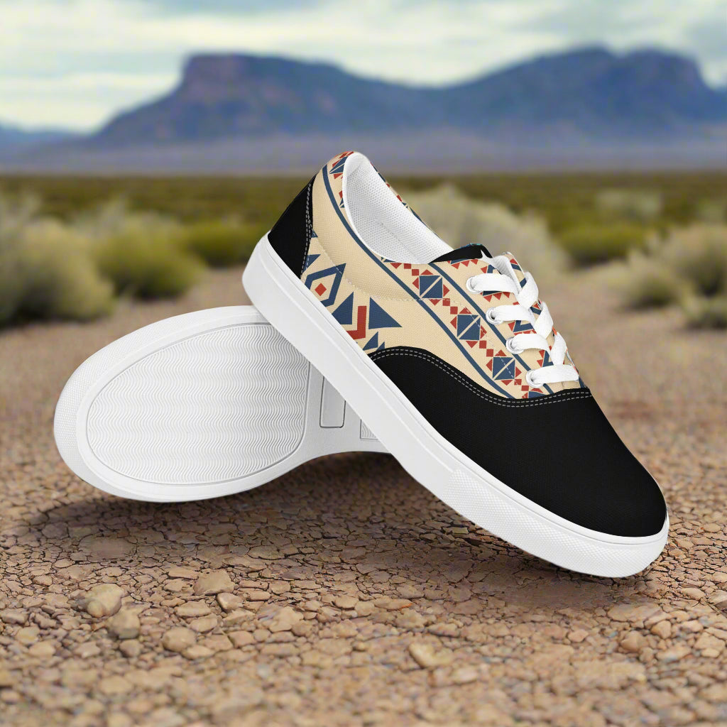 Custom Lace-up Canvas Shoes WildSage Market black toe canvas shoe with tan blue tribal geometric pattern
