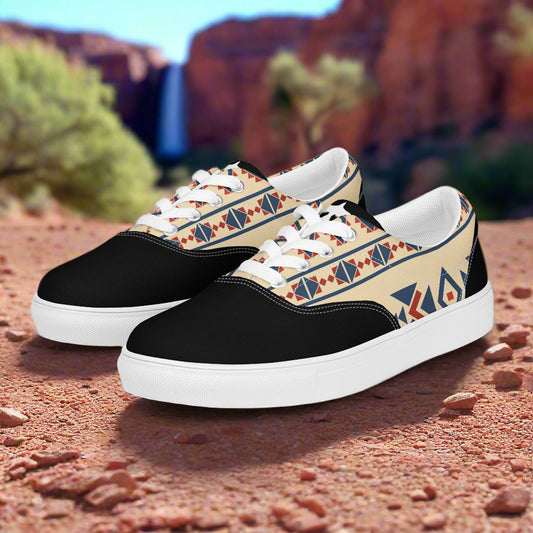 Custom Lace-up Canvas Shoes WildSage Market low top canvas with black toe and southwestern geometric print