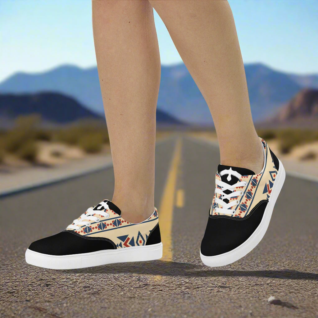 WildSage Market Custom Lace-up Canvas Shoes with geometric tribal print black toe and white sole on desert road