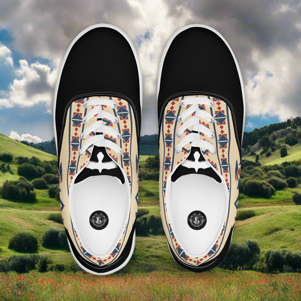 Custom Lace-up Canvas Shoes by WildSage Market top view black toe tribal print sides white laces over countryside backdrop