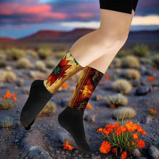 Sonoita Southwest patterned Unisex Black Bottom Socks featuring vibrant colors and tribal design