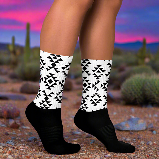 Sonora White Unisex Black Bottom Socks with geometric patterns for stylish and comfortable wear