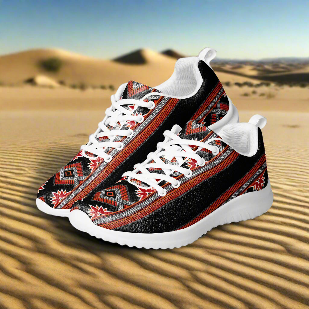 WildSage Market Southwest Athletic Shoes featuring a vibrant tribal design with black and red accents