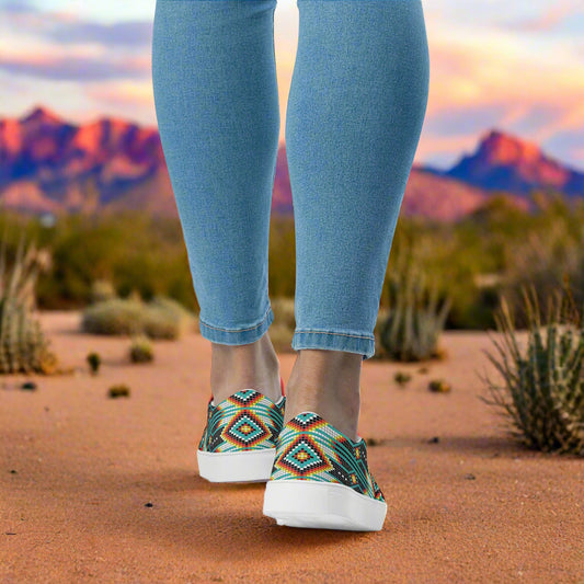 Southwest Hotai print womens canvas shoes slip on style by WildSage Market worn outdoors in desert setting