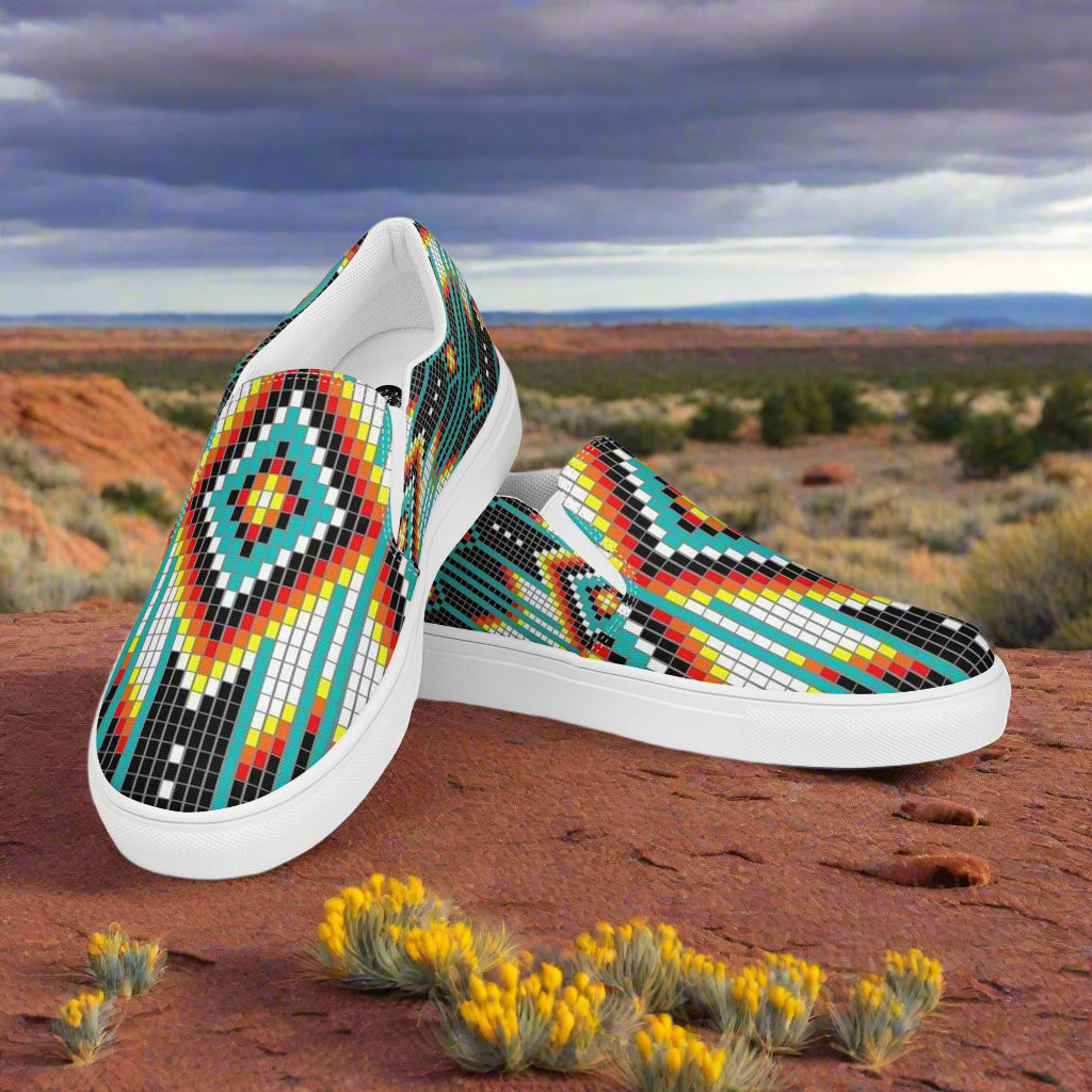 Southwest Hotai print womens canvas shoes by WildSage Market on desert terrain background