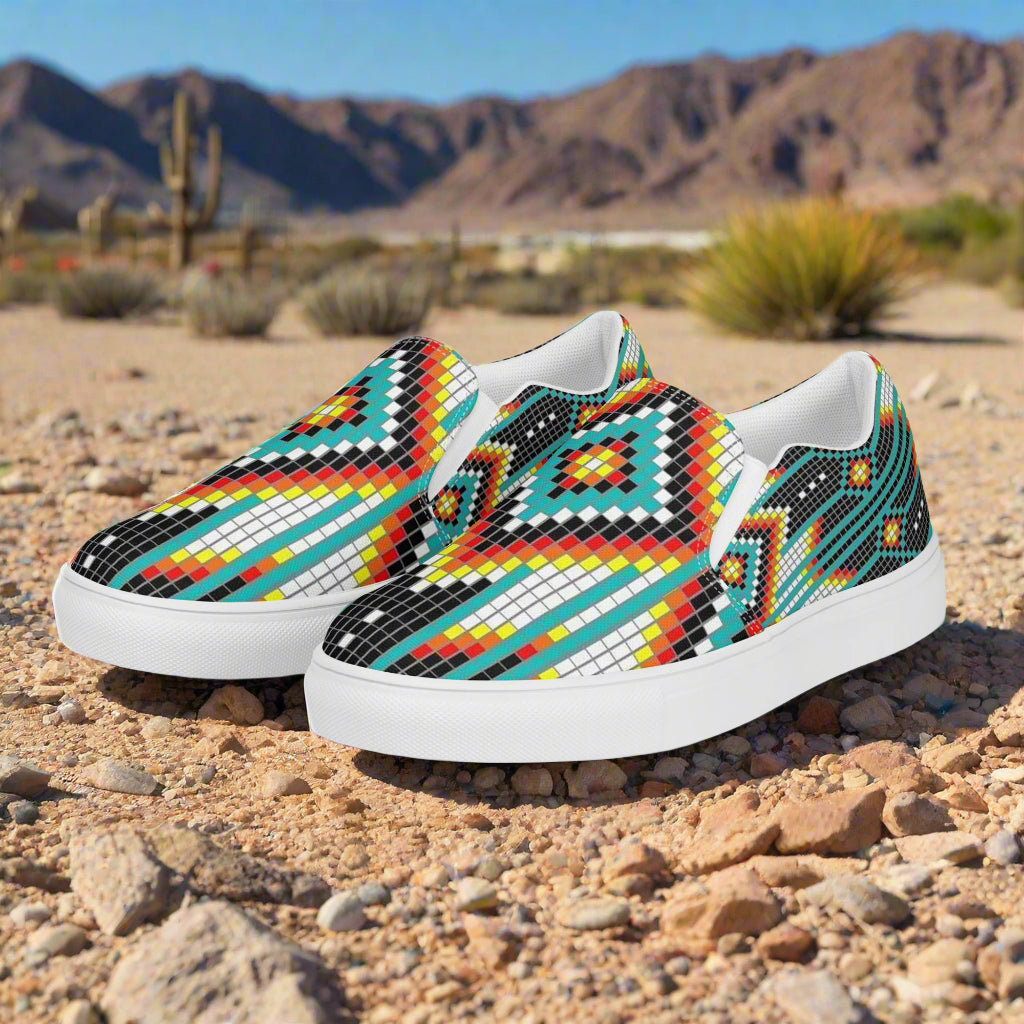 Southwest Hotai print womens canvas shoes slip on style by WildSage Market on rocky desert ground