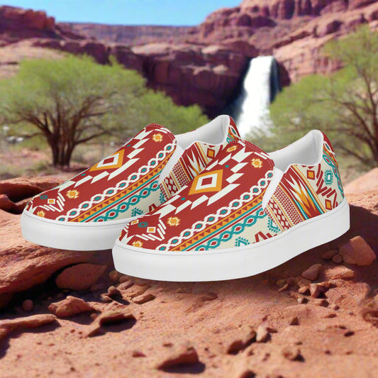 WildSage Market Southwest Nogales print slip on canvas shoes with colorful southwestern patterns