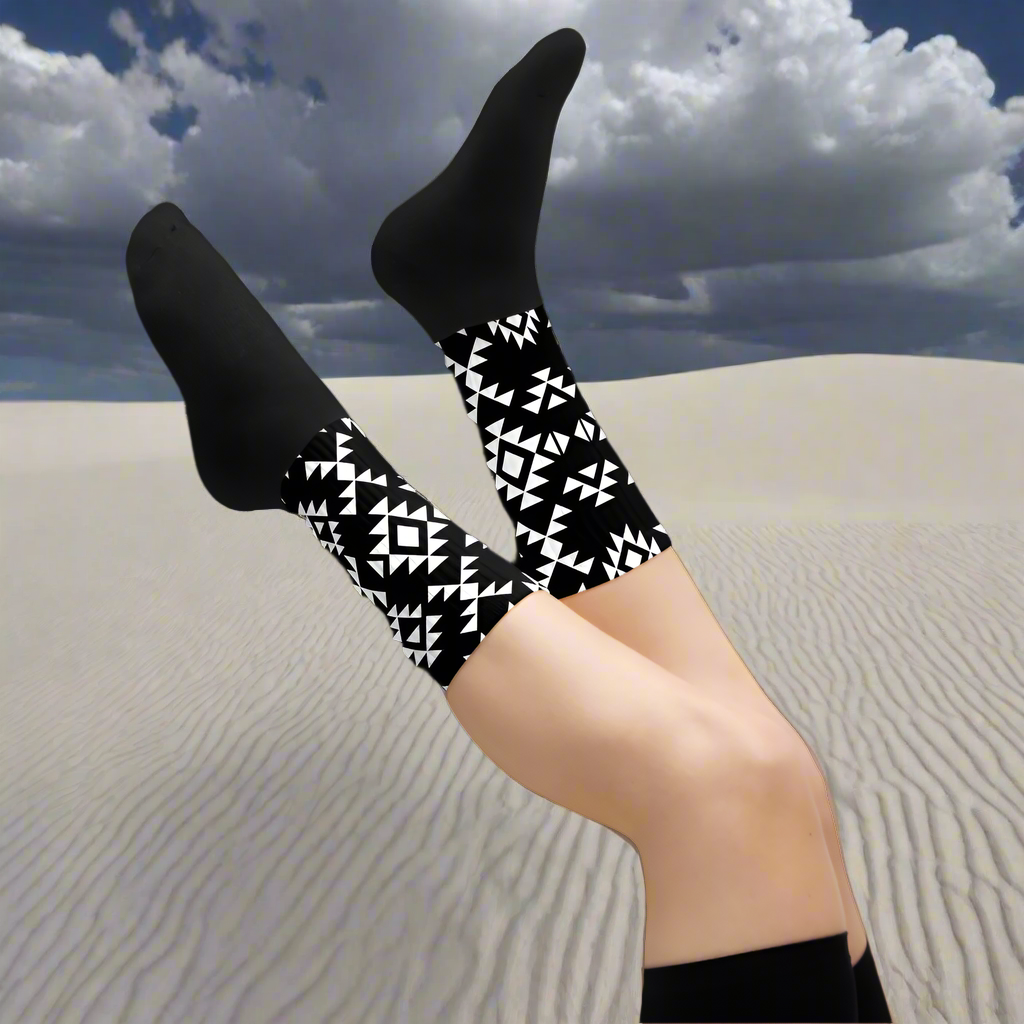 WildSage Market Southwest pattern socks in black and white featuring geometric designs for stylish comfort