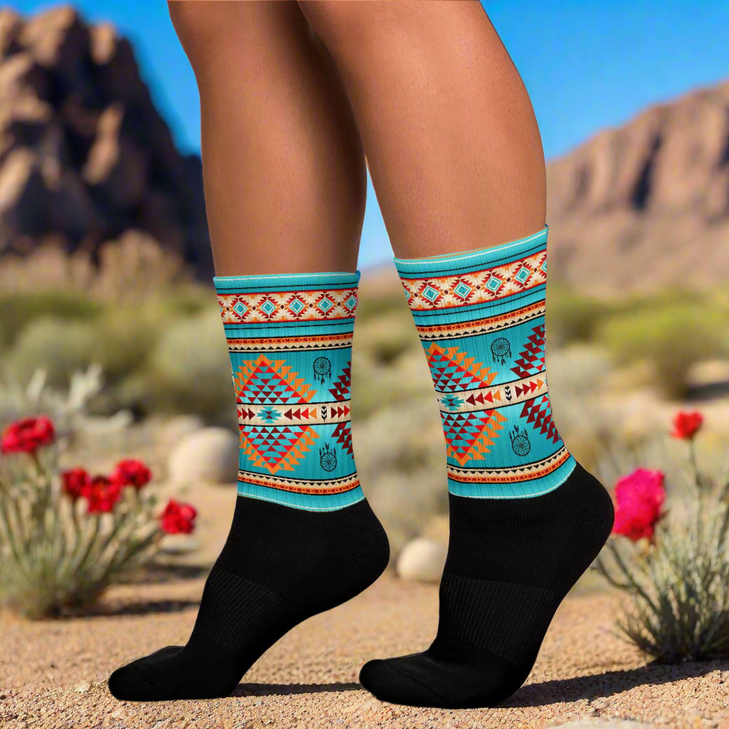 Colorful southwest pattern socks featuring tribal designs with a black base, perfect for stylish comfort