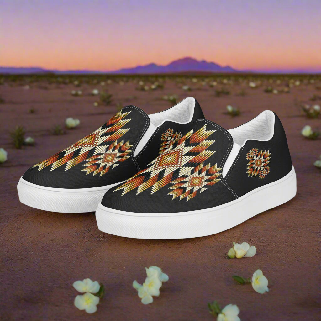 Southwest print slip on canvas shoes Night Sky with geometric patterns on black background