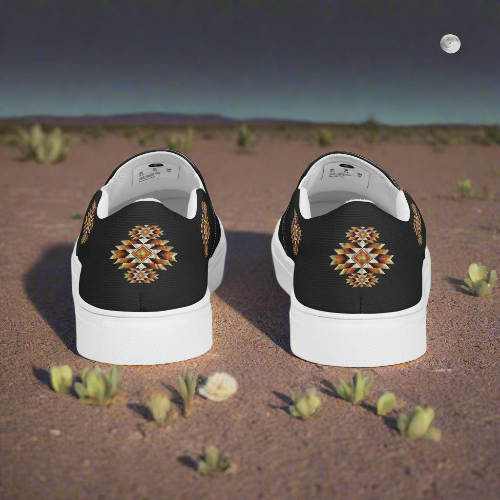 WildSage Market Southwest print slip on canvas shoes Night Sky with colorful geometric patterns on black background