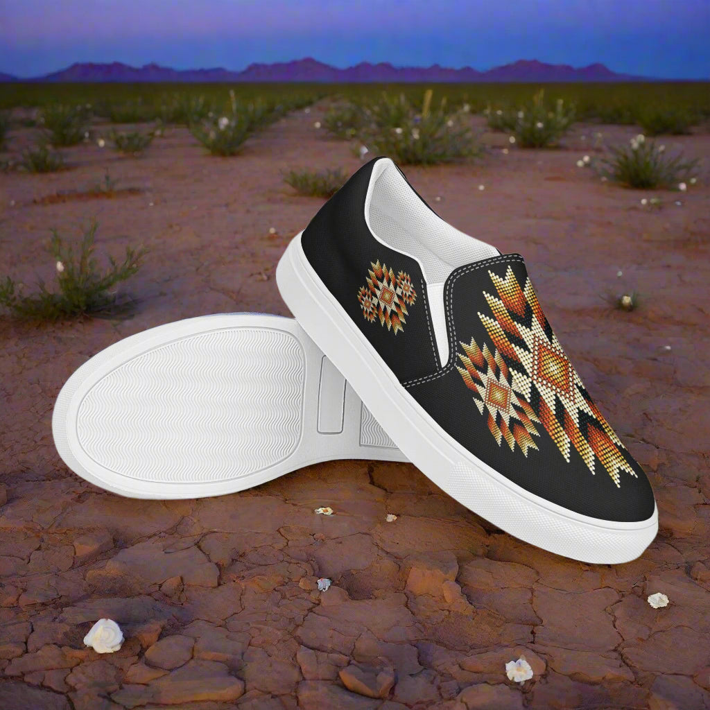 Southwest print slip on canvas shoes Night Sky by WildSage Market with geometric patterns on black background