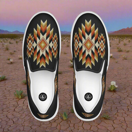 WildSage Market Southwest print slip on canvas shoes Night Sky with geometric desert pattern