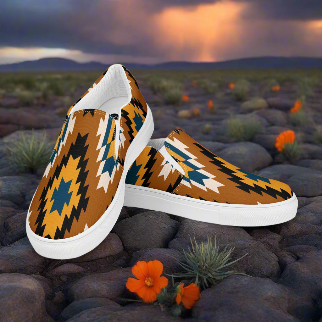 Southwest print slip on canvas shoes Pueblo by WildSage Market with vibrant geometric design on rocky desert background