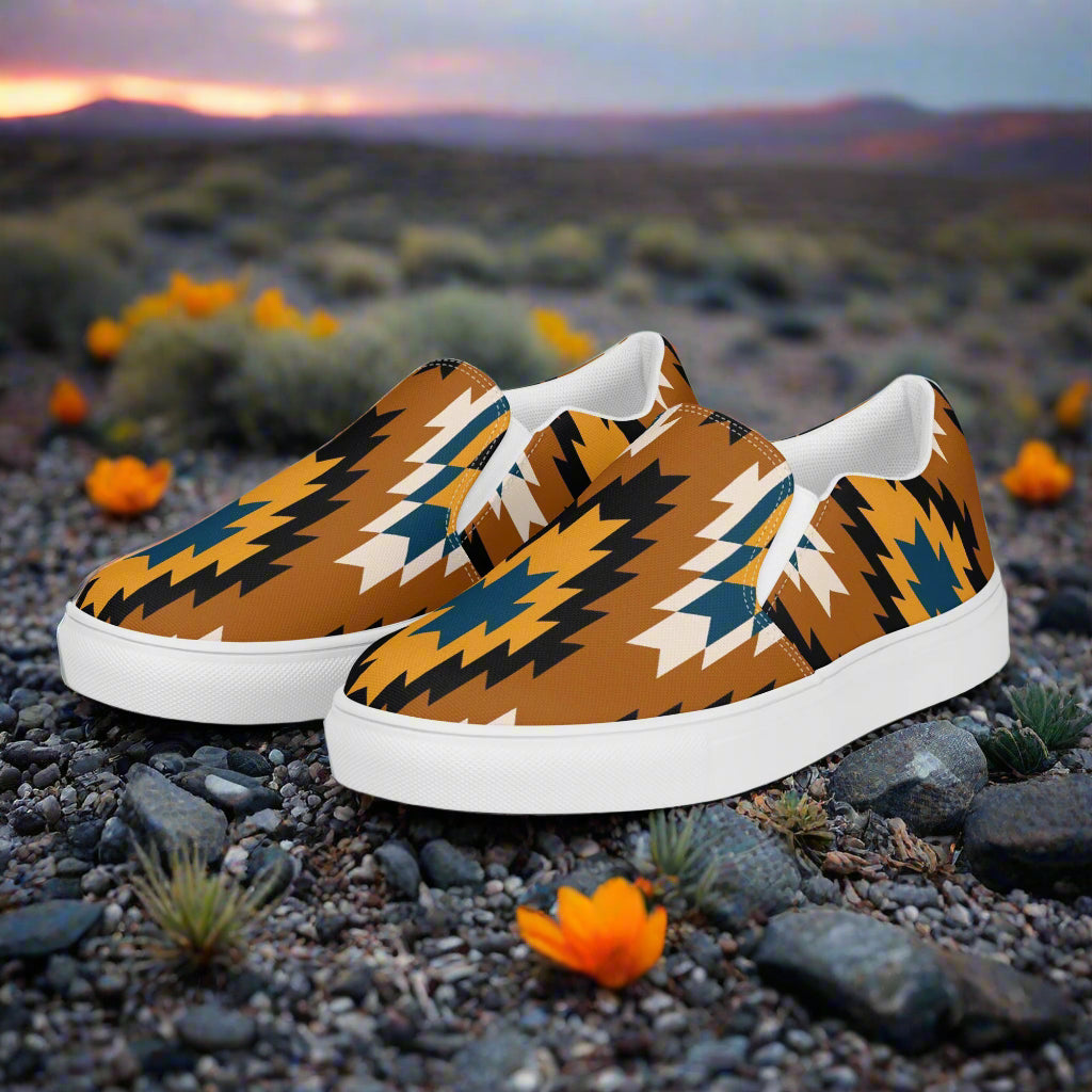 Southwest print slip on canvas shoes Pueblo by WildSage Market with brown and blue geometric design