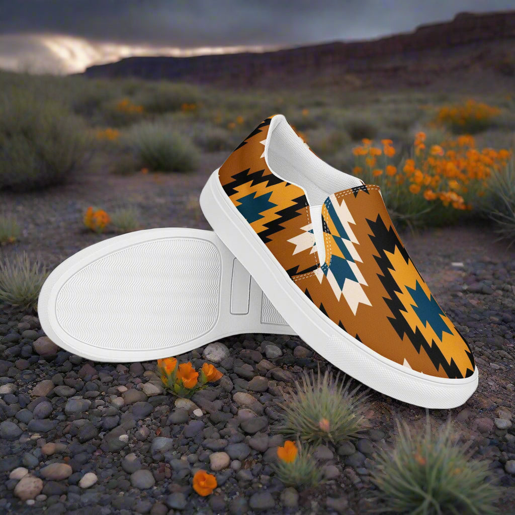 WildSage Market Southwest print slip on canvas shoes Pueblo with vibrant tribal pattern and white soles
