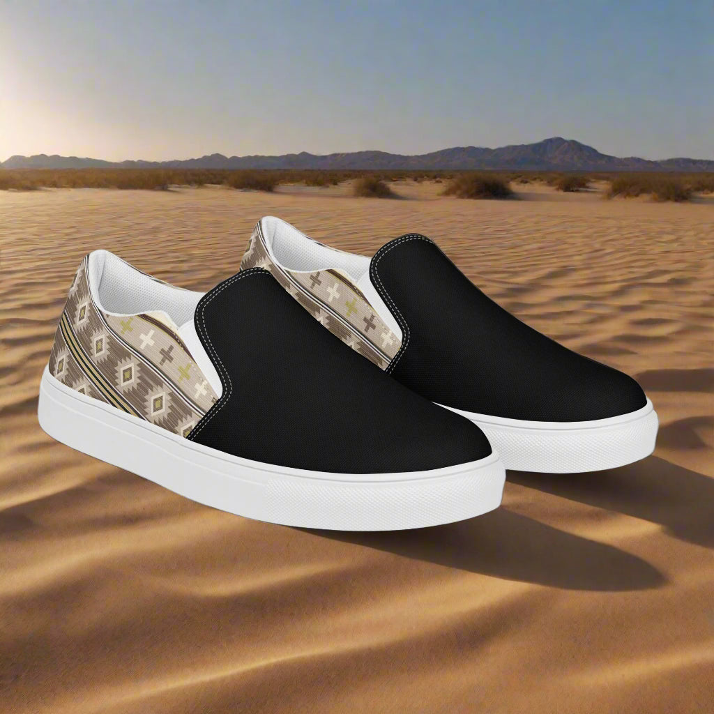 Southwest slip-on canvas shoes for men with geometric patterns and a sleek black design