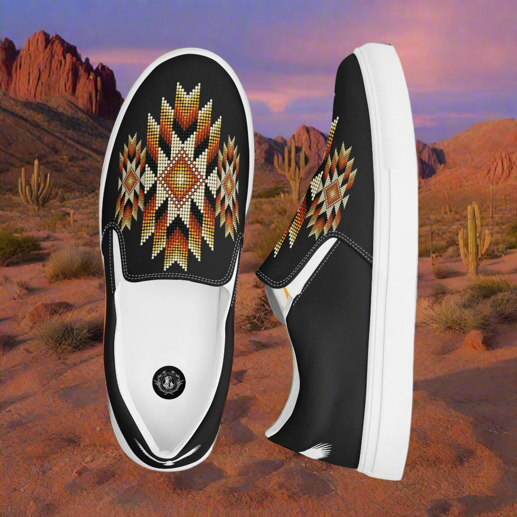 Southwest slip-on mens canvas shoes featuring a unique geometric design against a desert backdrop