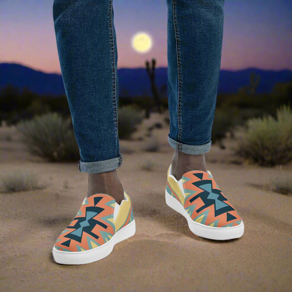 Colorful Southwest style mens shoes featuring a unique pattern for casual wear and comfort