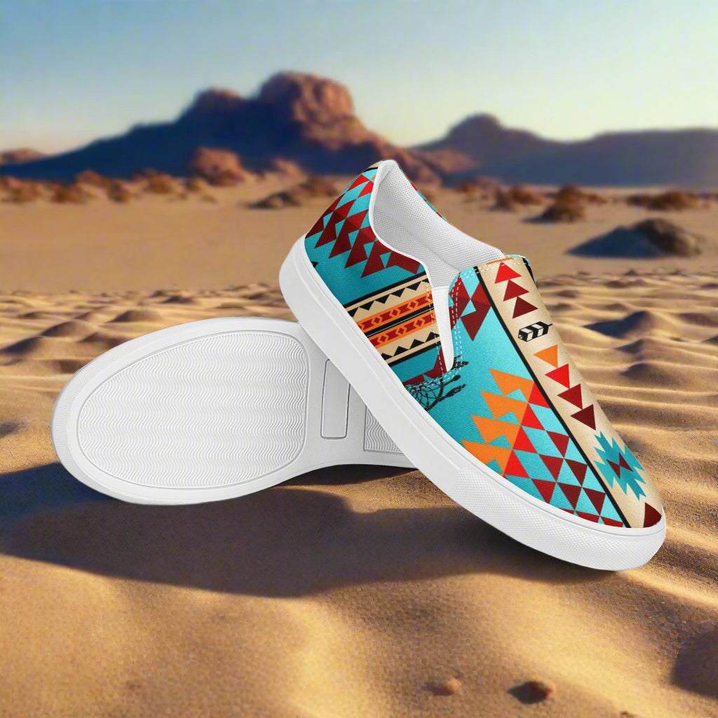 Southwest style mens slip-on canvas shoes featuring vibrant tribal patterns and a comfortable design