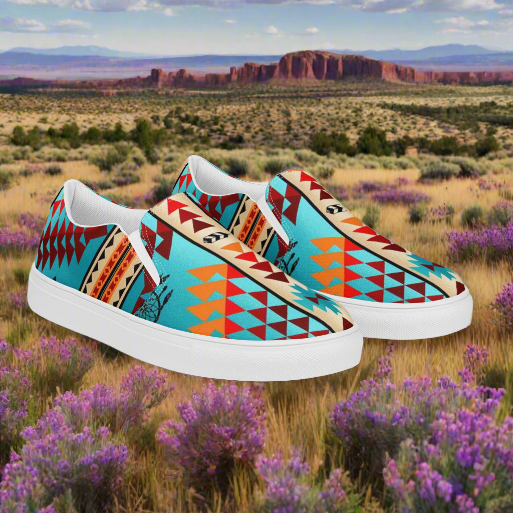 Southwest style mens slip-on canvas shoes featuring vibrant tribal patterns and a comfortable fit