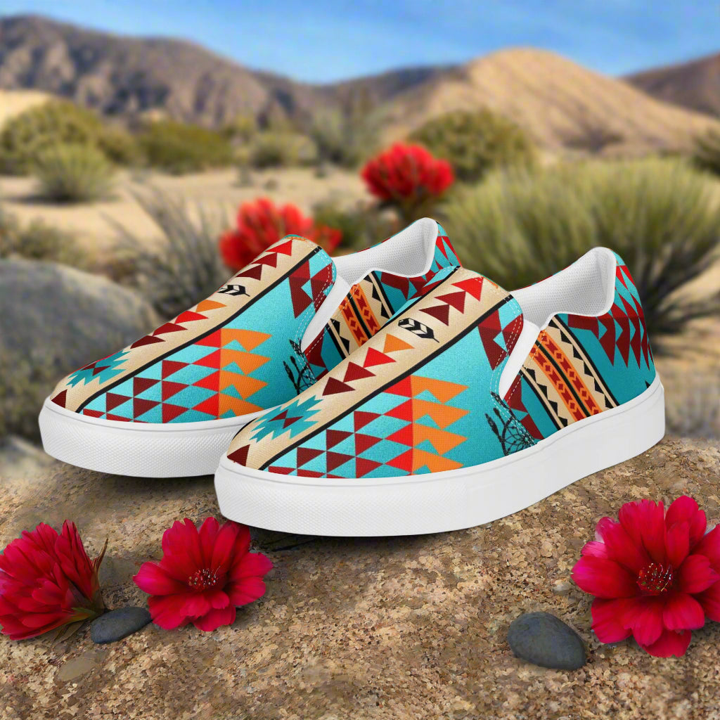 Southwest style mens slip-on canvas shoes featuring vibrant geometric patterns and a comfortable fit