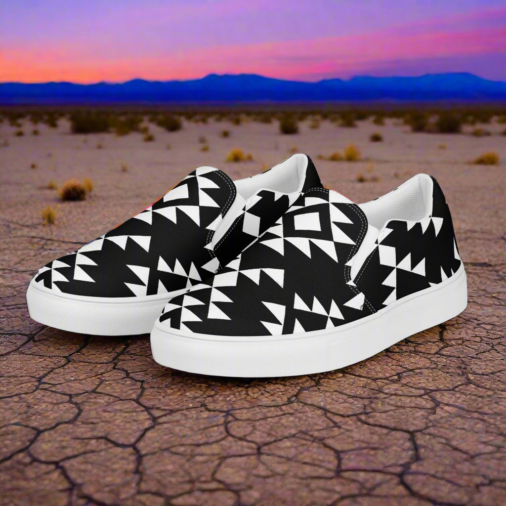 Southwest style mens slip-on shoes featuring a black and white geometric pattern for casual wear