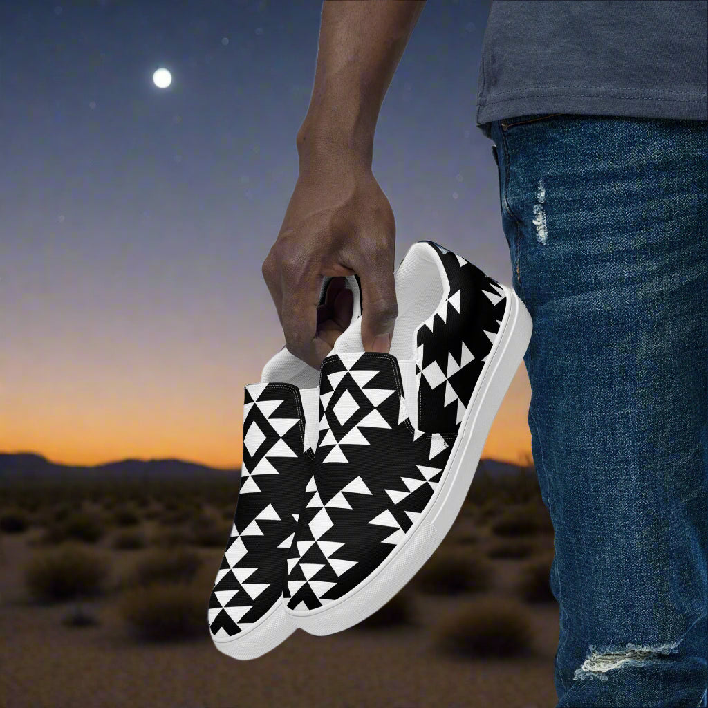 Southwest style mens slip-on shoes with unique geometric pattern for casual wear