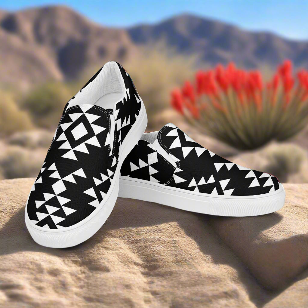 WildSage Market Southwest style mens slip-on shoes featuring a bold black and white geometric design