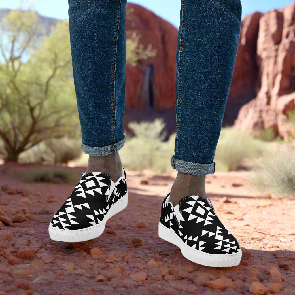 Southwest style mens slip-on shoes with a black and white geometric pattern, perfect for casual wear