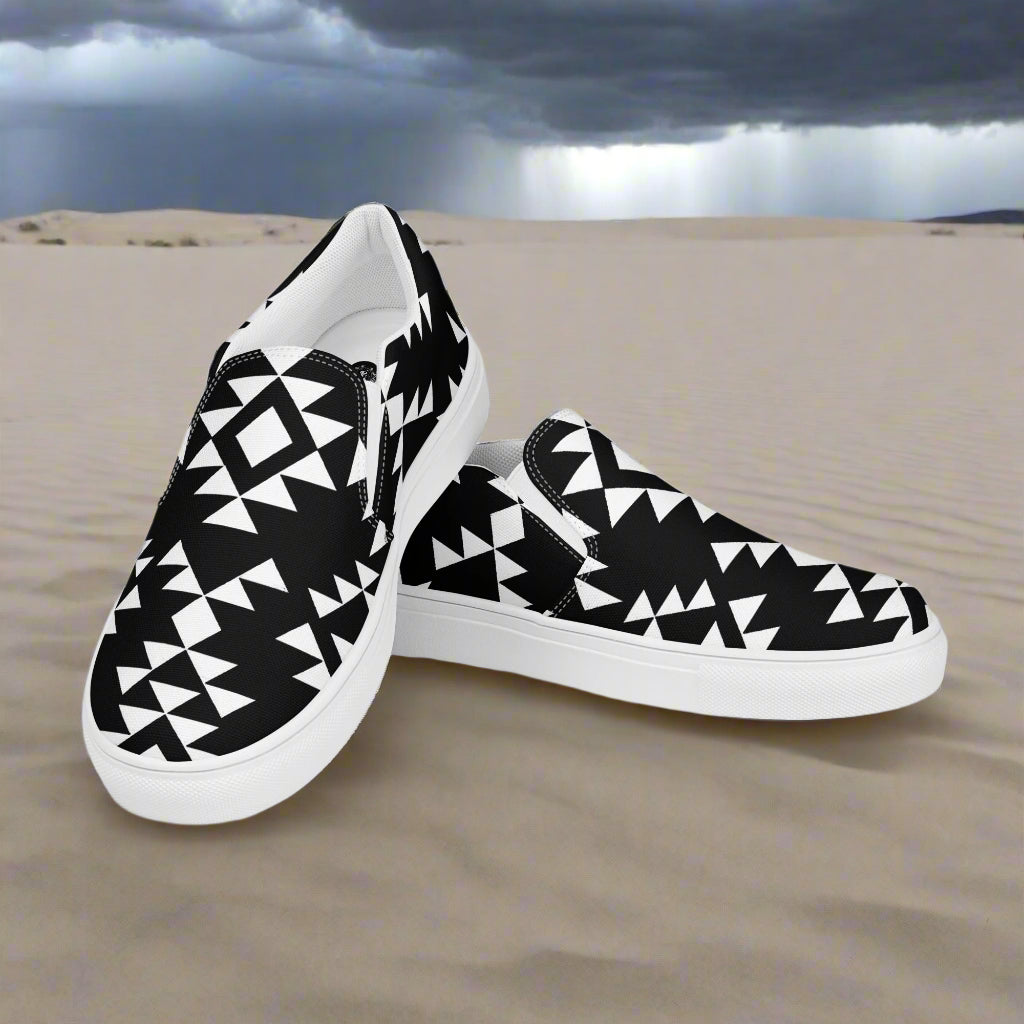 Southwest styled womens slip-on canvas shoes with a black and white geometric pattern for casual comfort
