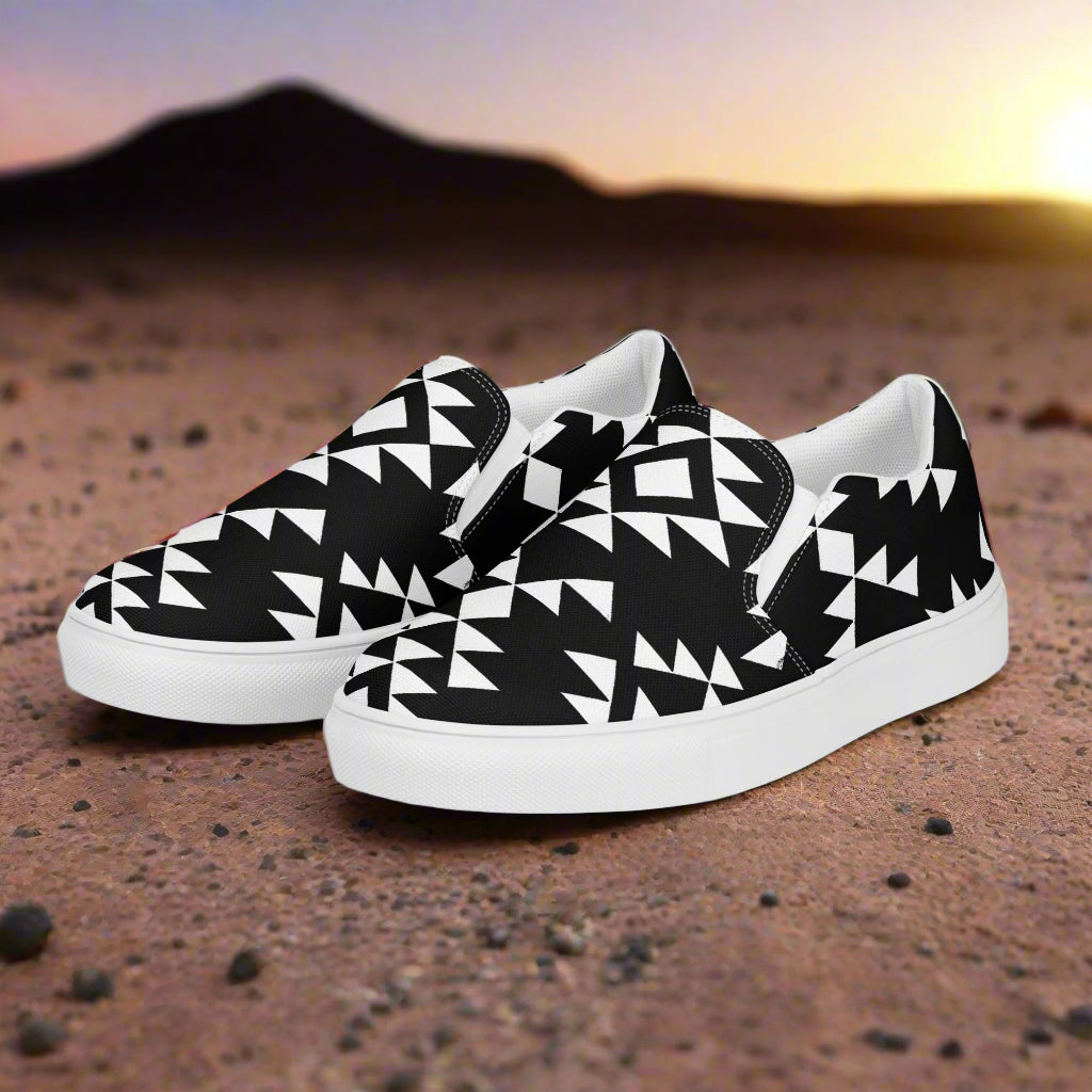 Southwest styled womens slip-on canvas shoes with black and white geometric patterns for casual wear