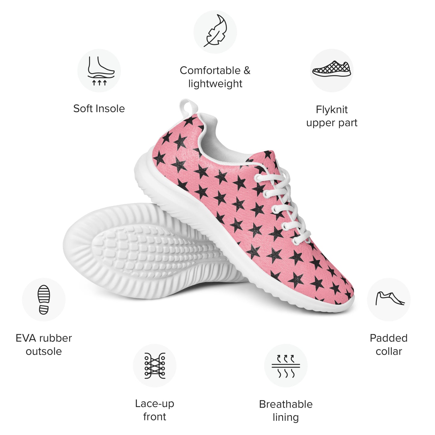 WildSage Market women pink star print running sneakers with white sole and breathable Flyknit upper Custom Athletic Shoes