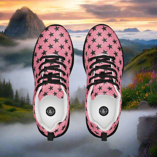WildSage Market womens pink star print Custom Athletic Shoes top view with black laces against misty mountain background
