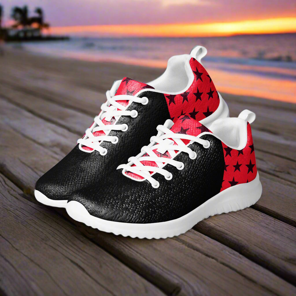 WildSage Market Womens Athletic Shoes black textured upper with red star heel and white sole for beach runs