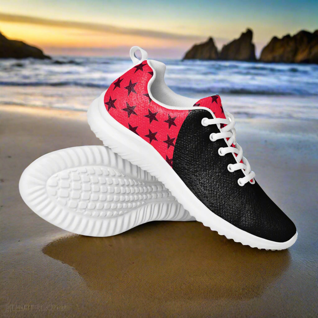 WildSage Market Womens Athletic Shoes black mesh front red star print heel white sole on sandy beach sunset
