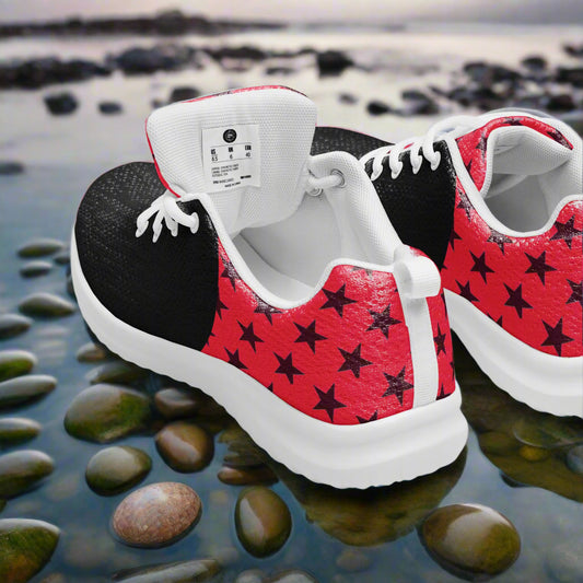 WildSage Market Womens Athletic Shoes red star print with black toe cap and white cushioned sole