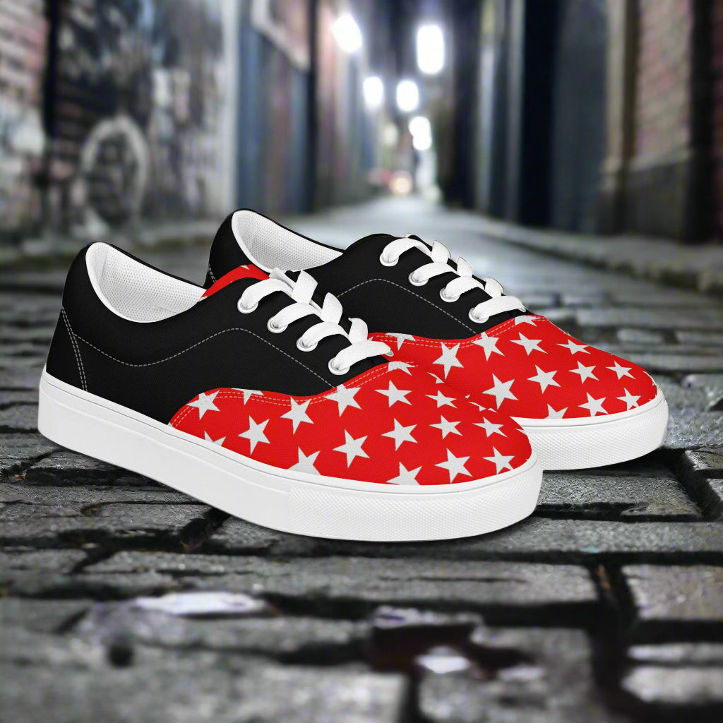 WildSage Market White Star Red Halftone Lace-up Canvas Shoes with white laces and black heel accents