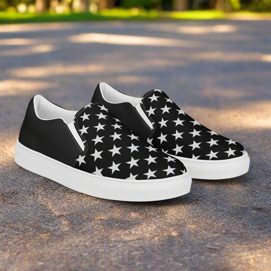 Black star print Custom Slip-On Canvas Shoes from WildSage Market with white rubber sole and elastic goring for casual wear