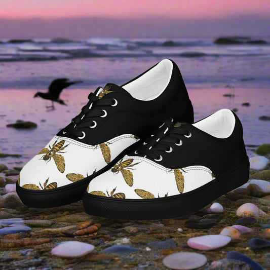 WildSage Market lace-up canvas shoes with bee print half tone design featuring black and white colors