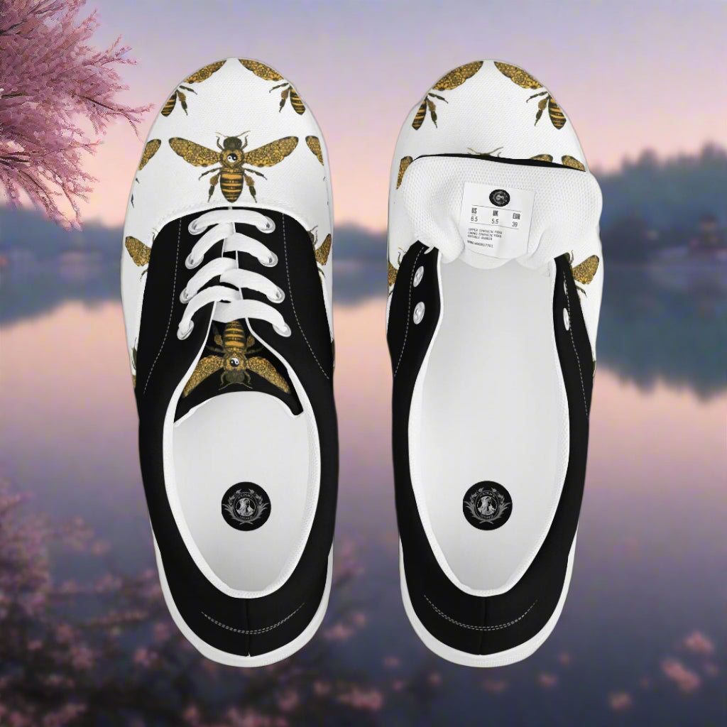 WildSage Market lace-up canvas shoes with bee print half tone design and black accents