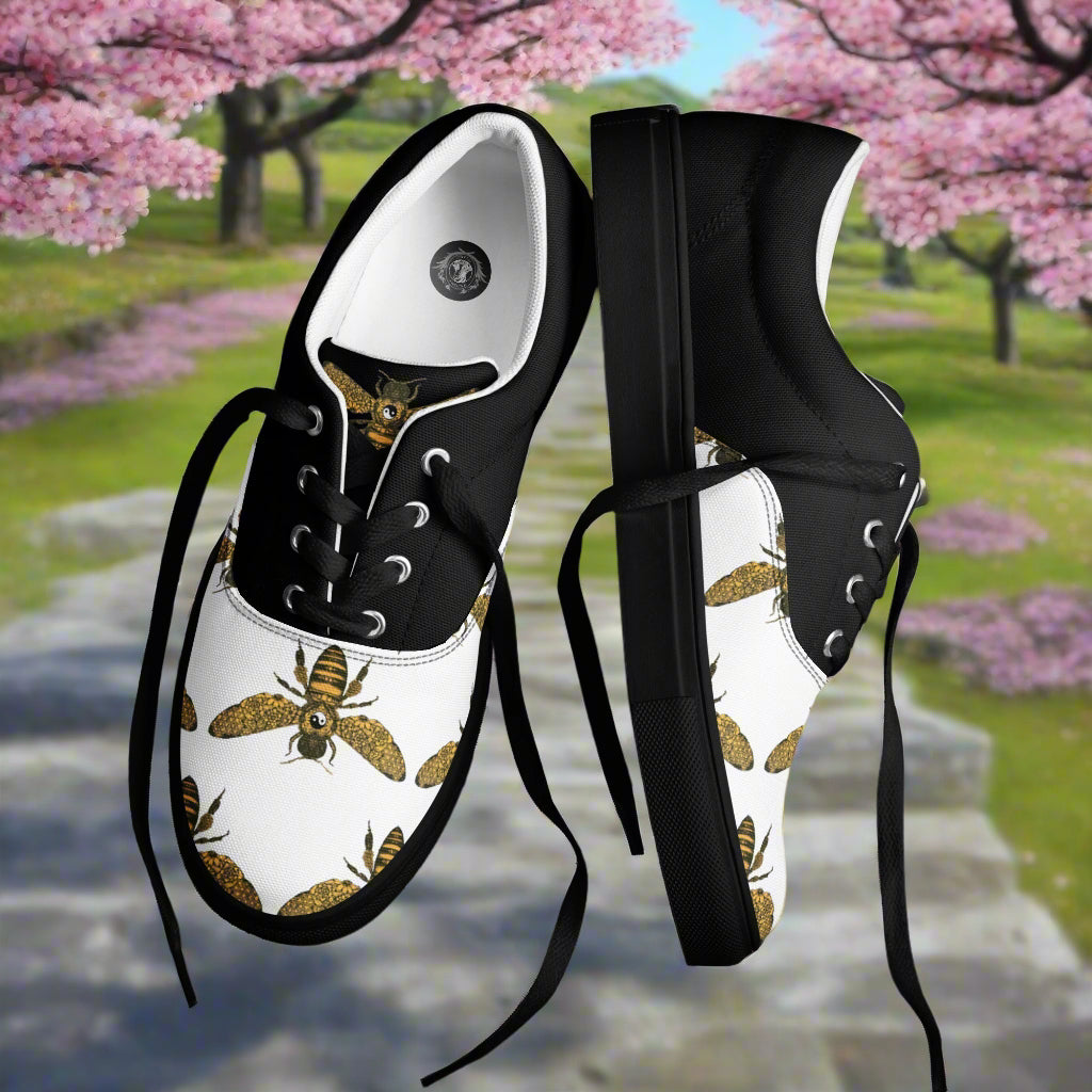 WildSage Market lace-up canvas shoes featuring bee print half tone design with black laces and soles