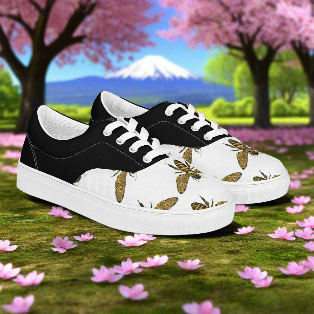 WildSage Market lace-up canvas shoes with bee print half tone design on white and black background