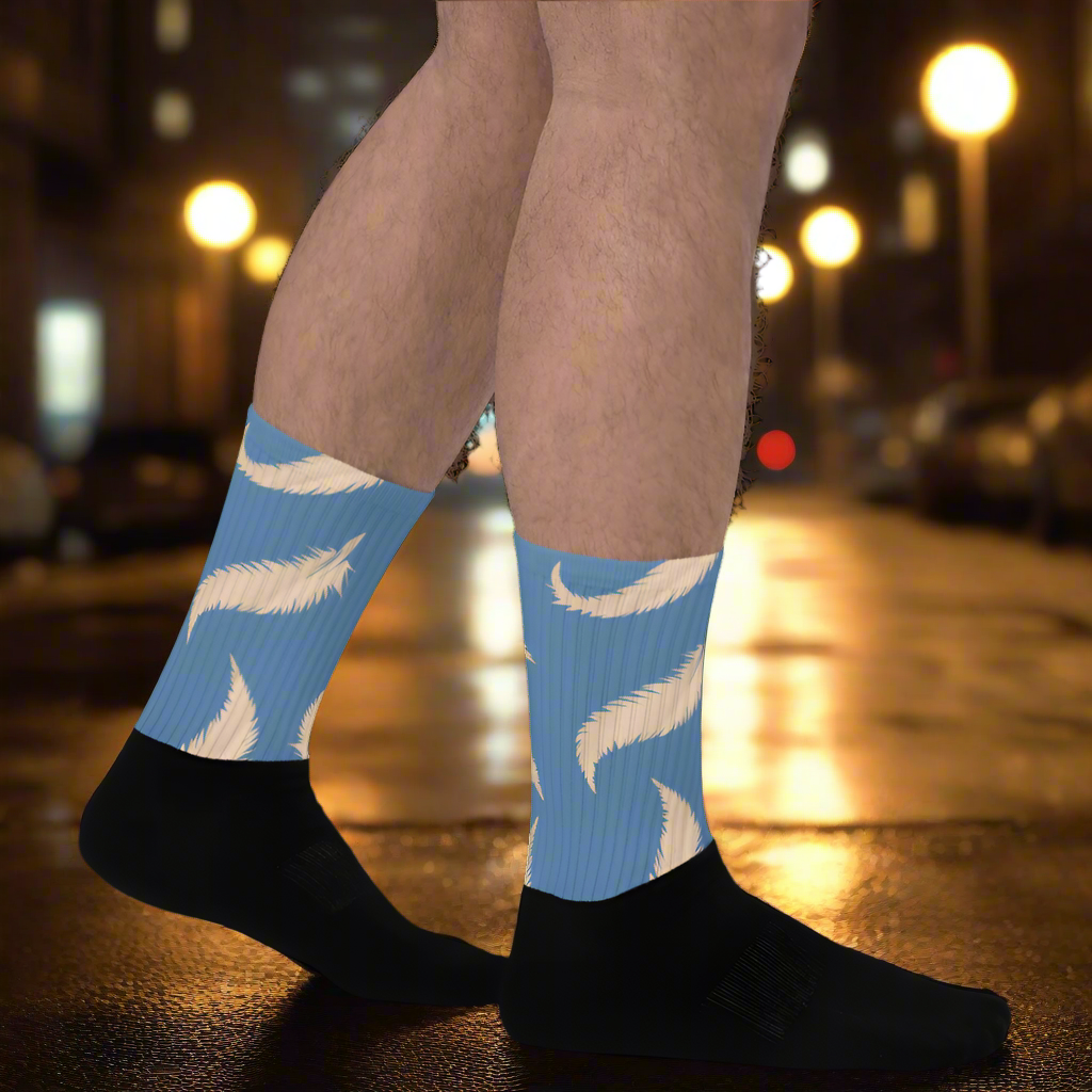 Stylish feather design socks in blue with white feathers, perfect for any casual outfit